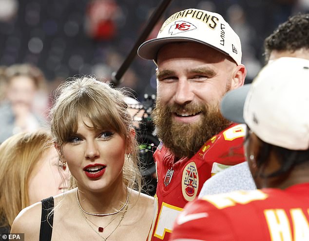 Travis Kelce and Taylor Swift pictured after Super Bowl LVIII, their third title