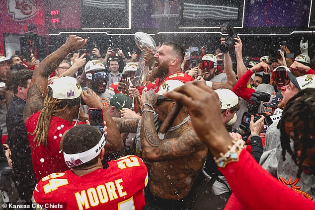 Travis Kelce was at the center of the party in the Chiefs locker room after winning the Super Bowl