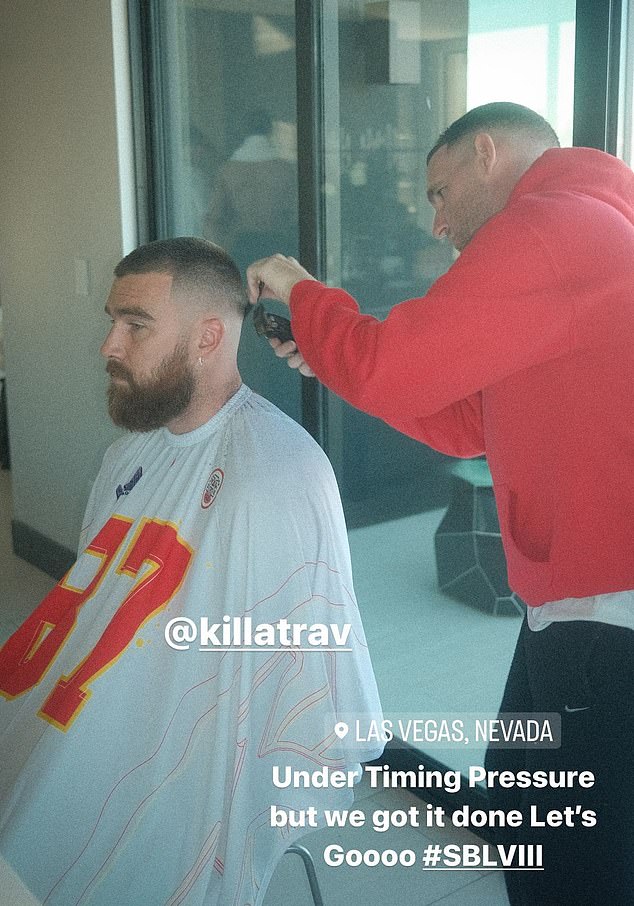 Travis Kelce's hairdresser has posted a photo of the Chiefs star getting a haircut before the game.