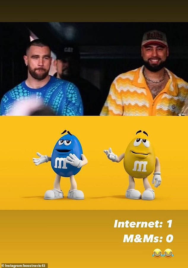 He also shared a photo of himself smiling in the VIP box next to Travis and joked that they had been compared to M&M chocolates in their bright yellow and blue suits.