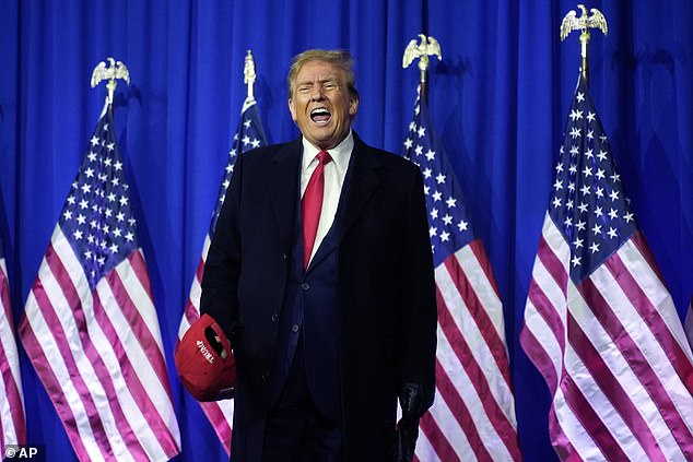 Republican presidential candidate and former President Donald Trump shouts on stage at a campaign rally in Waterford Township, Michigan, on February 17, 2024.