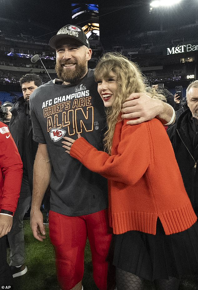 Swift is seen with her boyfriend Travis Kelce, as Kelce's team heads to the Super Bowl