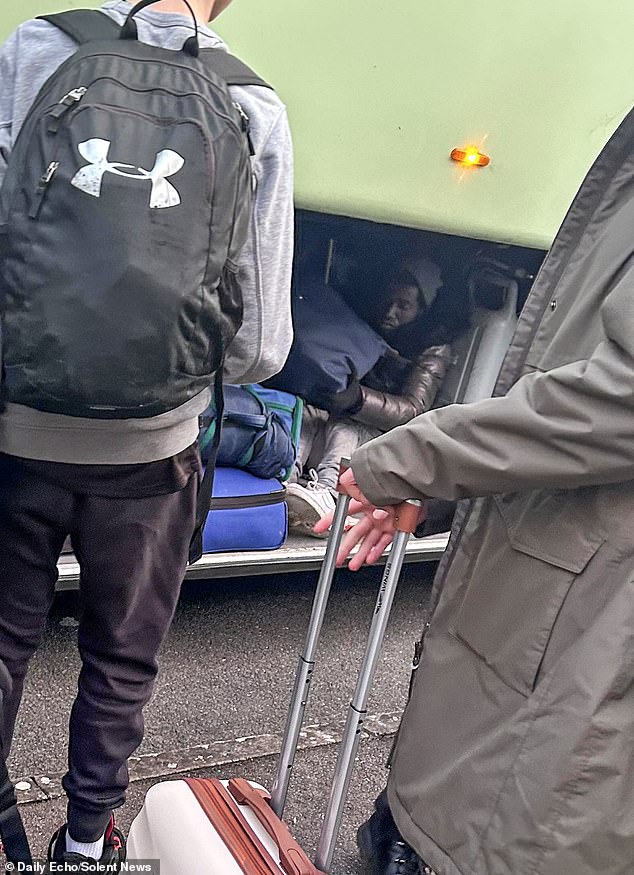 A school bus returned to Hounsdown School in Totton, Hampshire, on Saturday, but found two unexpected passengers hiding with luggage underneath.