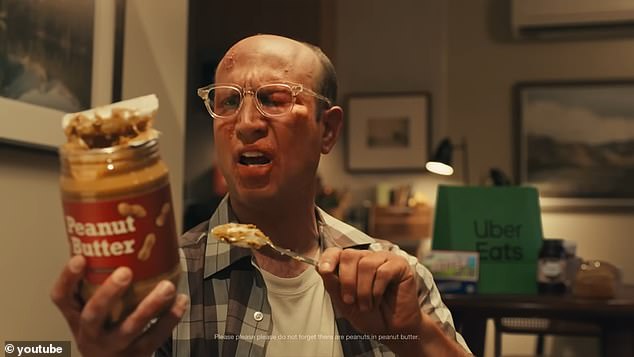 In one scene, a man with a swollen face, eating peanut butter from a jar with a spoon, says, 'Are there peanuts in peanut butter?'  Oh, it's the main ingredient.