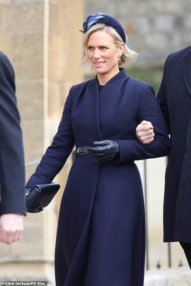 Zara Tindall arrived at St George's Chapel on the arm of her rugby ace husband Mike to attend the memorial service for King Constantine of Greece.