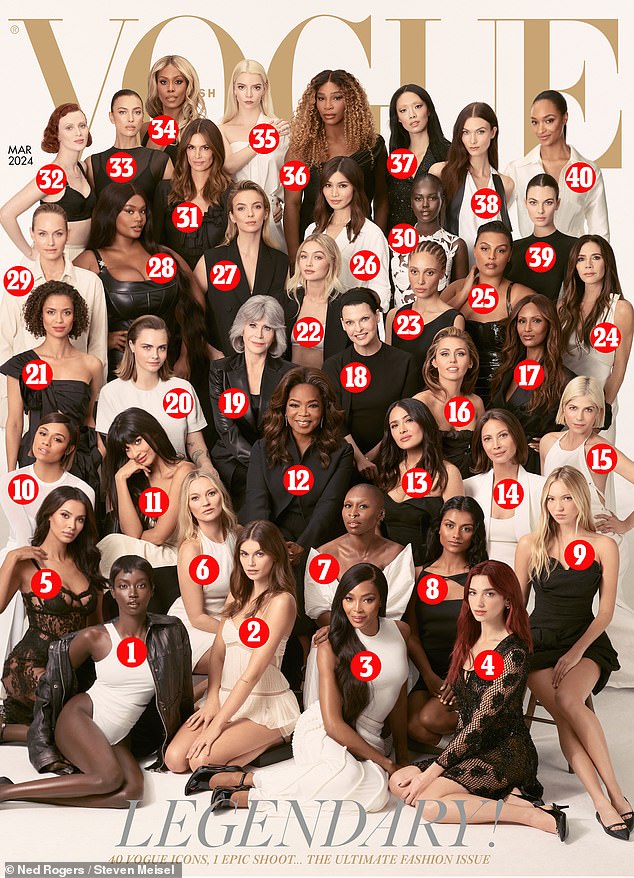 40 legendary British Vogue cover stars gathered to photograph Edward Enninful's final issue: 1. Anok Yai, 2. Kaia Gerber, 3. Naomi Campbell, 4. Dua Lipa, 5. Maya Jama, 6. Kate Moss, 7. Cynthia Erivo, 8. Simone Ashley, 9. Lila Moss, 10. Ariana Debose, 11. Jameela Jamil 12. Oprah, 13. Salma Hayek, 14. Christy Turlington, 15. Selma Blair, 16. Miley Cyrus, 17. Iman, 18. Linda Evangelista, 19. Jane Fonda, 20. Cara Delevingne, 21. Gugu Mbatha-Raw, 22. Gigi Hadid, 23. Adwoa Aboah, 24. Victoria Beckham, 25. Paloma Elsesser, 26. Gemma Chan, 27 Jodie Comer, 28 Precious Lee, 29. Amber Valletta, 30. Adut Akech, 31. Cindy Crawford, 32. Karen Elson, 33. Irina Shayk, 34. Laverne Cox, 35. Anya Taylor-Joy, 36. Serena Williams, 37. Rina Sawayama, 38. Karlie Kloss, 39. Vittoria Ceretti, 40. Jourdan Dunn