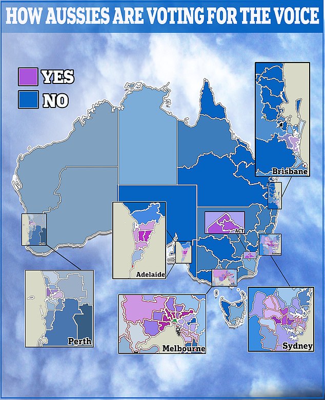 Only 22 electorates (darkest purple on map) are on track to vote Yes in the upcoming Indigenous Voice referendum to Parliament, according to a survey by an international polling group, but there are another 15 electorates (light purple on map ) who are very close to voting Yes with 47 percent support or more