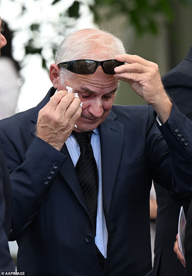 Victor White (pictured) broke down in tears at his wife's funeral in Brisbane on Thursday.
