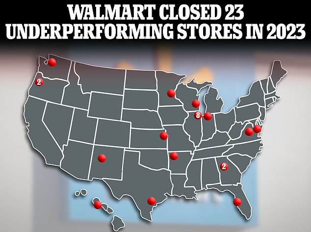 Last year, Walmart closed 23 stores across the United States, eight of which were in Illinois. A supercenter is scheduled to reopen as a neighborhood market in Atlanta, but it remains marked on the map.