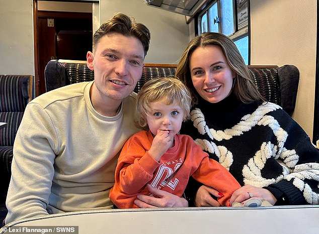 Pictured: Lexi and Sam Flannagan with their two-year-old son Levi. The couple spent £100,000 renovating the garage.