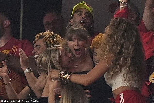 Taylor Swift celebrates with Ashley Avignone, Ice Spice and Blake Lively during the second half of the NFL Super Bowl.