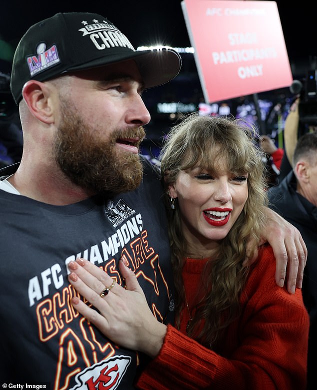 Taylor Swift needs to protect her brand even as her sizzling romance with Travis Kelce appears to be on a perfect trajectory;  pictured from the 2023 AFC Championship Game