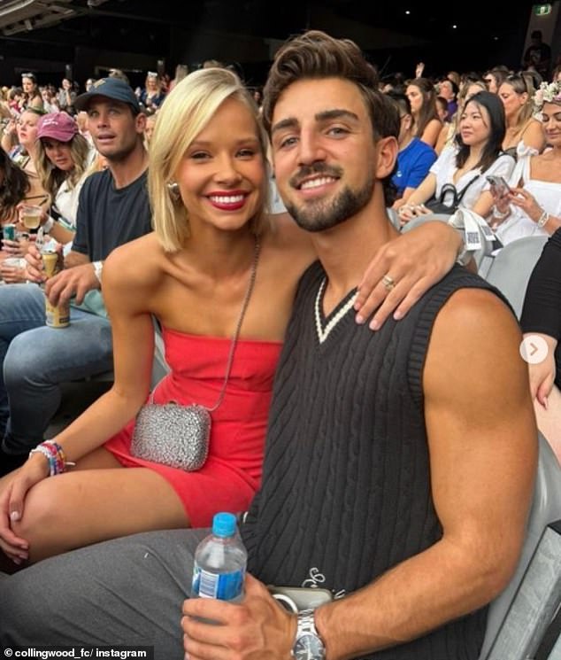Collingwood posted this photo of Daicos and girlfriend Annalize Dalins enjoying Swift's MCG concert, with Geelong star Tom Hawkins holding two beers in the background (pictured to Dallins' left).