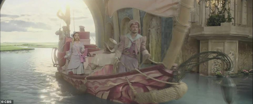 The trailer begins with Ariana's Glinda arriving by boat at a school.