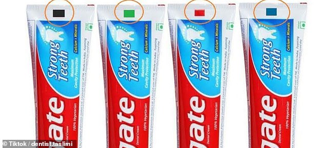The colored squares at the bottom of the toothpaste tube have nothing to do with the contents of the product.  They are used in the manufacturing process so that a sensor can accurately read where to cut and seal the end of a tube.