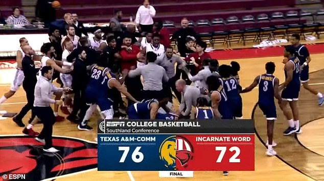 A massive fight broke out on Monday between Texas A&M-Commerce and Incarnate Word
