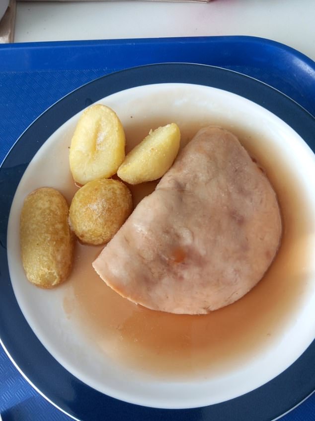 A photo of the disgusting meal was posted on social media showing a plate of four measly potatoes with an unappetizing slice of turkey in a puddle of watery sauce.