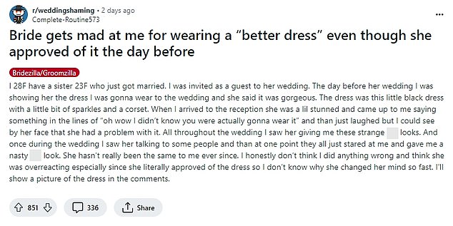 The 28-year-old, who did not reveal her real name, took to Reddit's Wedding Shaming thread to unravel the details of the family feud.
