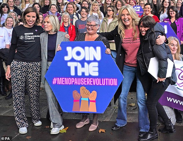 Renowned menopause guru Dr. Louise Newson has claimed that menopause is so horrible that it leads some women to take their own lives.  Pictured left to right: Dr Louise Newson, Mariella Frostrup, Carolyn Harris MP, Penny Lancaster and Davina McCall with protesters outside the Houses of Parliament in London demonstrating against the current HRT prescription charges in October 2021 .