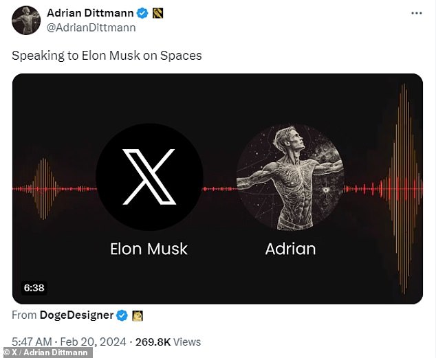 The pair appeared on Spaces to directly address claims that Adrian was an alt account for Musk.