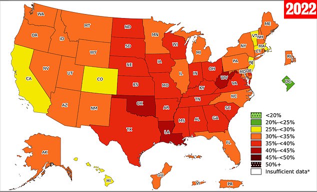 The map above shows obesity rates by US state in the year 2022, the latest data available from the CDC
