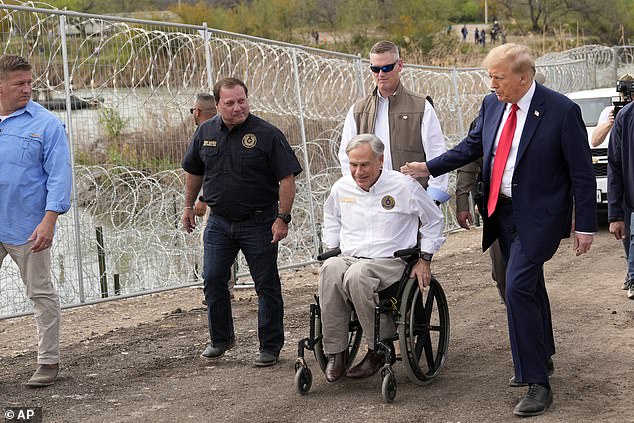 Republican presidential candidate Former President Donald Trump speaks with Texas Gov. Greg Abbott in Shelby Park during a visit to the U.S.-Mexico border, Thursday, Feb. 29, 2024, in Eagle Pass, Texas.