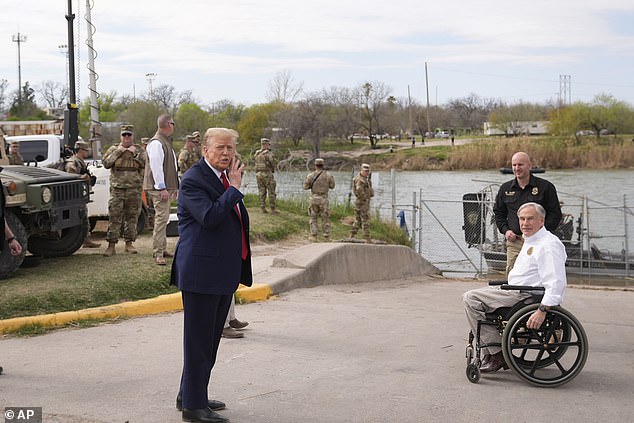 Republican presidential candidate former President Donald Trump visits the boat ramp at Shelby Park during a visit to the U.S.-Mexico border, Thursday, Feb. 29, 2024, in Eagle Pass, Texas. On the right is Texas Governor Greg Abbot.