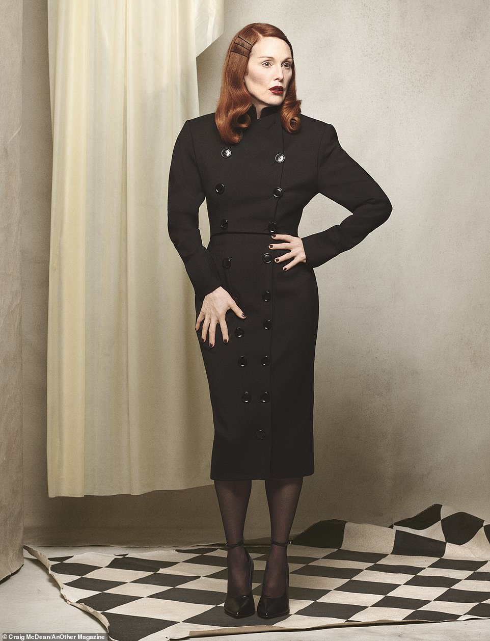In another photo, Julianne wears a wool gabardine jacket and an Alaia dress that could have come straight out of a detective agency in a film noir.