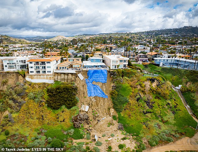 Aerial views showing aftermath of cliff collapse after extreme weather in Southern California threatened multimillion-dollar homes