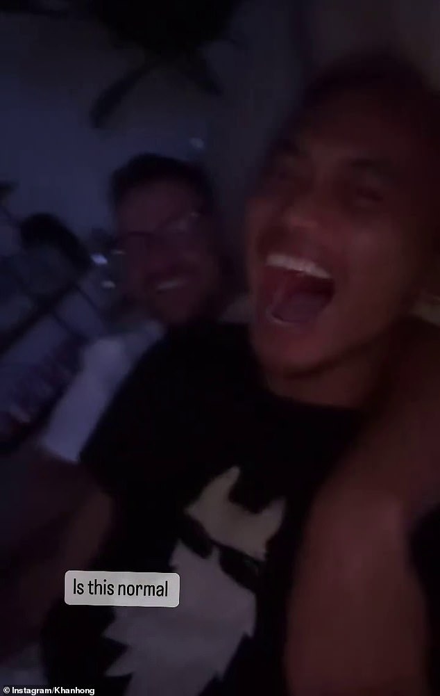 In an Instagram video, Khanh gently lay on top of Matt, 36, as Matt, 36, became completely hysterical trying to remember his friend's embarrassing antics while watching a movie.