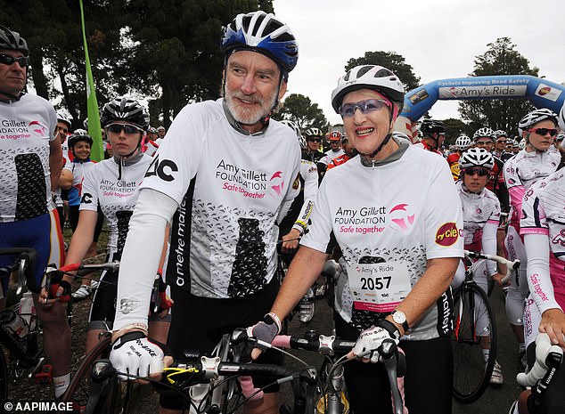 Amy Gillett's husband Simon Gillett, her parents Mary and Denis Safe (pictured in 2010) and friends started the registered charity to campaign for greater safety for cyclists on Australian roads.