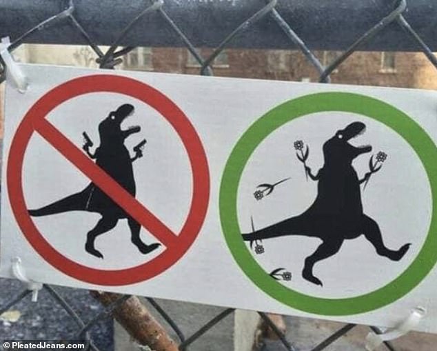 Some more confusing signs seemed to show a dinosaur that is not allowed to carry weapons, but is allowed to bring flowers.