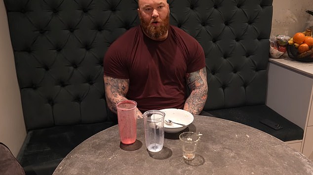Hafthor Bjornsson is pictured above after finishing his breakfast.