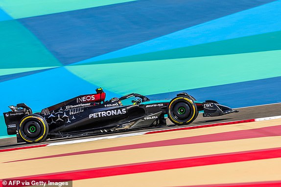 British Mercedes driver Lewis Hamilton drives during the first practice session of the Bahrain Formula One Grand Prix at the Bahrain International Circuit in Sakhir on February 29, 2024. (Photo by Giuseppe CACACE / AFP) (Photo by GIUSEPPE CACACE/AFP via Getty Images)
