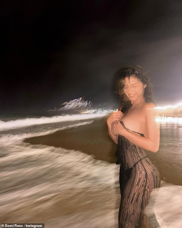 The glamor model, who dated Tyga in 2016, flaunts her very pert derriere as she is photographed from behind in front of the waves during a stunning nightscape.
