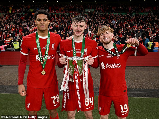 Jurgen Klopp's young stars pose after their Carabao Cup victory over Chelsea on Sunday.