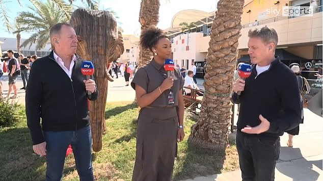 Simon Lazenby (right) alongside Martin Brundle (left) and Naomi Schiff (centre): The broadcaster has the rights to broadcast all 24 races of this year's F1 season, which begins this weekend in Bahrain.