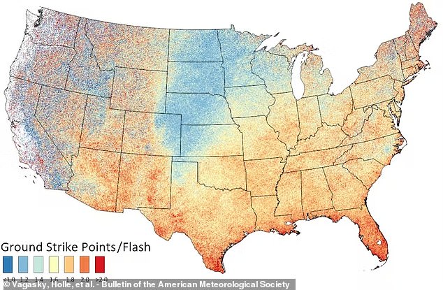 Their work found that lightning in some parts of the country is more likely to strike the ground at multiple points than others, but most of the U.S. has a ratio of between 1.4 and 1.8 lightning bolts per flash (ratio mapped above).