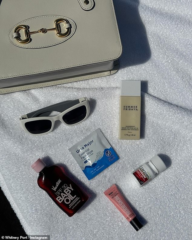 The fourth item displayed all of her beach essentials, which included baby oil, mineral milk sunscreen, lip lotion, and sunglasses.