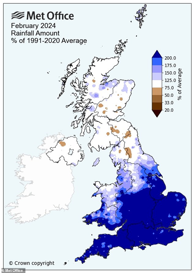 Southern England also experienced its wettest February since records began, with many parts experiencing more than double the average rainfall.
