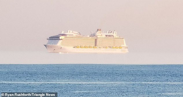In a photographic case of Fata Morgana, the Anthem of the Seas cruise ship, a 168,000-ton Royal Caribbean liner, appeared to float on water.