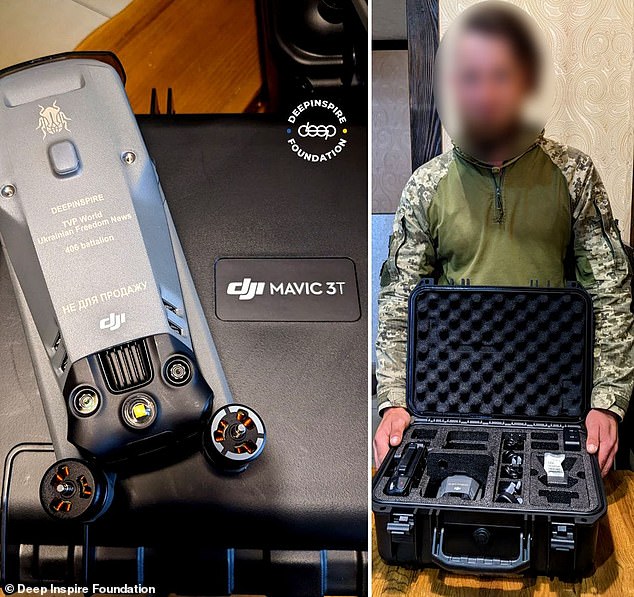 Ukraine's 406th Battalion (right) received its DJI-branded Mavic 3T commercial thermal imaging drone (left) thanks to the fundraising efforts of the DeepInspire Foundation, war correspondent Joe Lindsley, who directs the center media Lviv Lab, and other humanitarian activists.