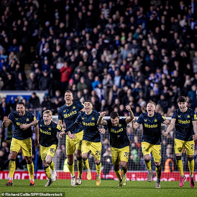 Newcastle players celebrate their penalty shootout victory over Blackburn on Tuesday night.