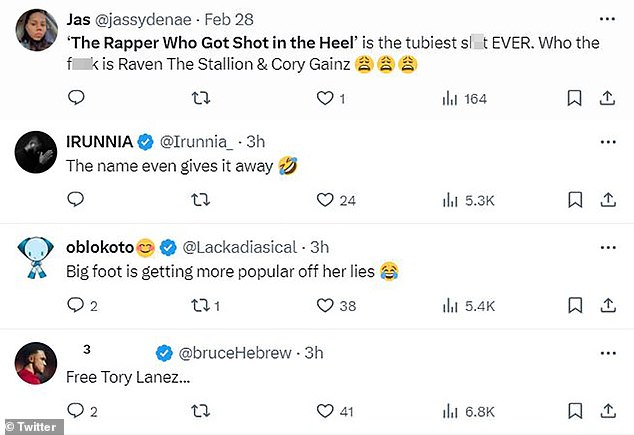 'The rapper who got shot in the heel' is the hottest s**t ever,' another user tweeted along with exasperated emojis.  'Who the hell is Raven The Stallion and Cory Gainz?'  Someone retweeted and wrote: 'The name even gives it away'