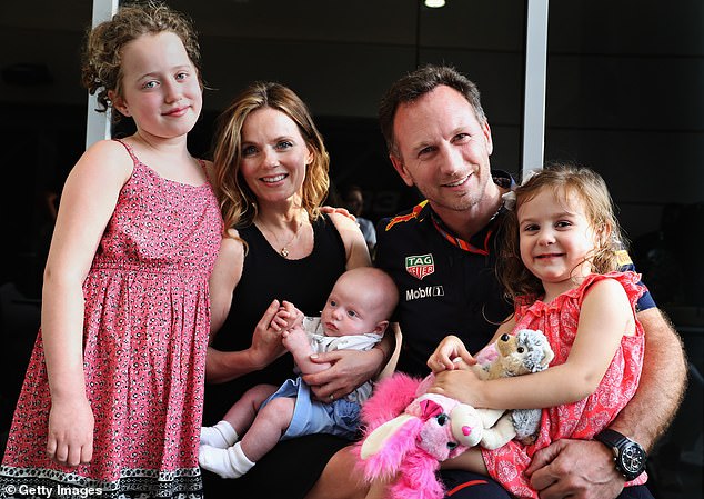 2017: Haliwell and Horner welcomed their son Monty (pictured alongside daughter Bluebell from a previous relationship and daughter Olivia from his first marriage).