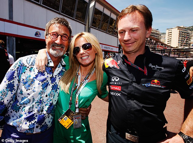 2011: Halliwell had one arm around flamboyant former team owner and commentator Eddie Jordan and the other holding the back of a seemingly nervous Horner.