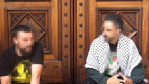 Two men who were part of the alleged assault on City Hall have been filmed at another protest outside Victoria's Parliament.