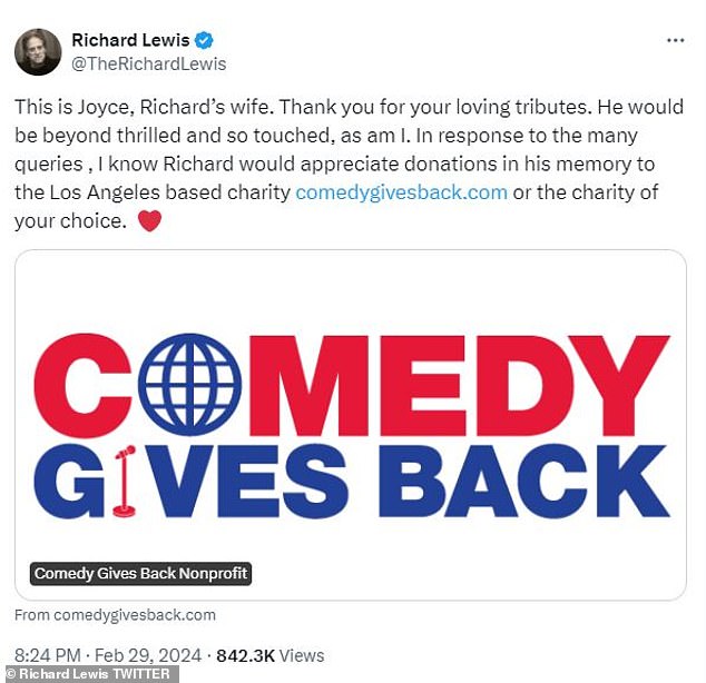 He thanked fans for the 'loving tributes' and said Lewis 'would be beyond thrilled and touched, as would I.' He urged fans to donate to Comedy Gives Back, a charity he supported.