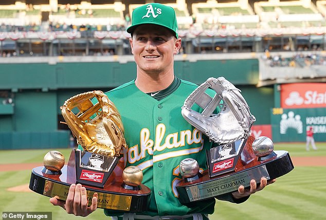 With the A's, Chapman won three Gold Gloves and two Platinum Gloves.