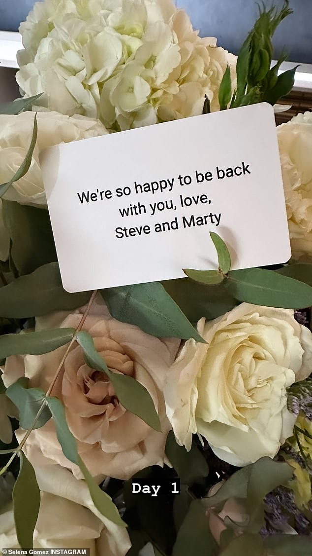 In one of her shoots, the actress sat alongside her co-stars, Steve Martin and Martin Short, on folding chairs between takes. The Bad Liar singer also showed off a beautiful bouquet of flowers she received from Steve and Martin.